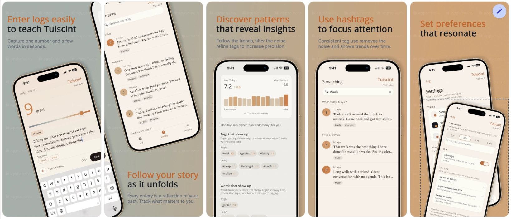 Tuiscint iOS app — screens for logging, discovering patterns, hashtags, and preferences
